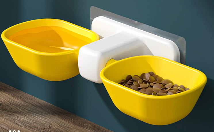 Wall-Mounted Cat Bowl Holder with Dual Bowls and Water Dish