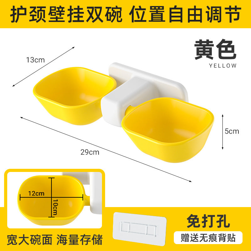 Wall-Mounted Cat Bowl Holder with Dual Bowls and Water Dish