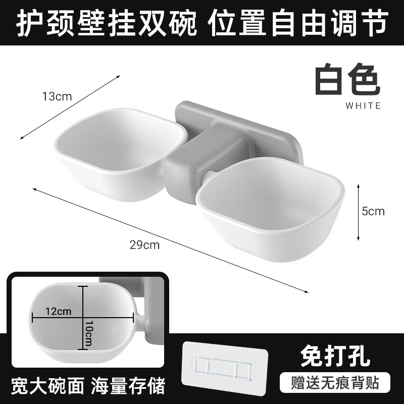 Wall-Mounted Cat Bowl Holder with Dual Bowls and Water Dish